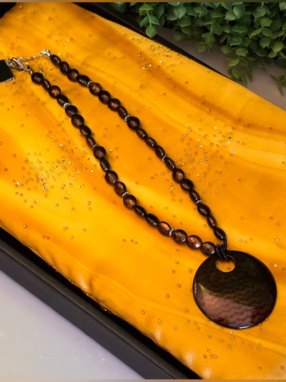 Cookie Lee Vintage Brown Beaded Necklace with Disc Pendant